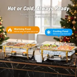 Matuppvärmare-Warmounts rektangulära guldfärgade varmhållningskärl bufféset om 2, 7,6 l styck, matvärmare i rostfritt stål med insatser i flera storlekar, hopfällbar ram | CDON