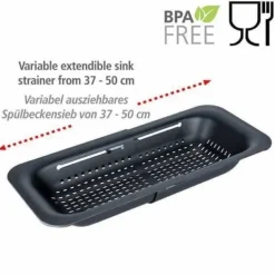Diskställ & Torkställ-WENKO SIVO Diskbänkssil | Infällbar sil | Utdragbara handtag till placering | Pasta, frukt, grönsaker | 37 till 50 cm | Svart