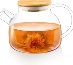 Kaffe- & Tekannor-Wilmax Glastekanna med tesil & bambulock 950 ml – värmebeständig kanna för teblommor & löste
