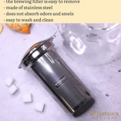 Wilmax tekanna i glas 600 ml med stålfilter, spissäker