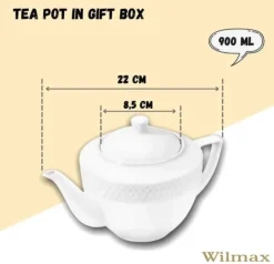Wilmax tekanna i vitt porslin 900 ml – klassisk kanna med lock, diskmaskinssäker och mikrovågsugnssäker