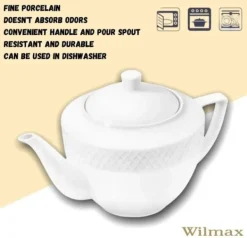 Wilmax tekanna i vitt porslin 900 ml – klassisk kanna med lock, diskmaskinssäker och mikrovågsugnssäker