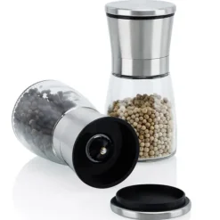 2x Pepparkvarn kryddkvarnar i SILVER 2x Handkvarn av glas och rostfritt stål för köket, perfekt för att mala och krossa peppar, salt, kryddor och