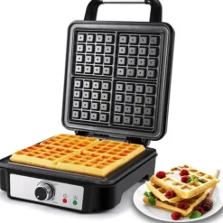 YASHE Belgisk Vaffeljern, 4 Skiver Vaffelmaskine, 1200W, Sølv/Sort
