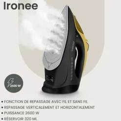 ZEEGMA Ironee - Sladdlös strykjärn - Horisontell och vertikal ångstrykning - 2600 W - Avkalkningssystem - Keramisk sål - Svart